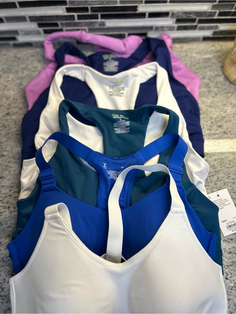 Women’s Sports bras set of 6 —-White(2), Blue, Teal, Navy, Pink, size large